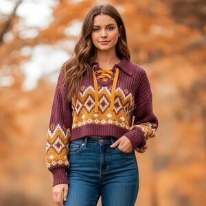 Burgundy Cropped Knit Sweater M Women’s Collared Lace Up Y2K Retro Preppy Boho